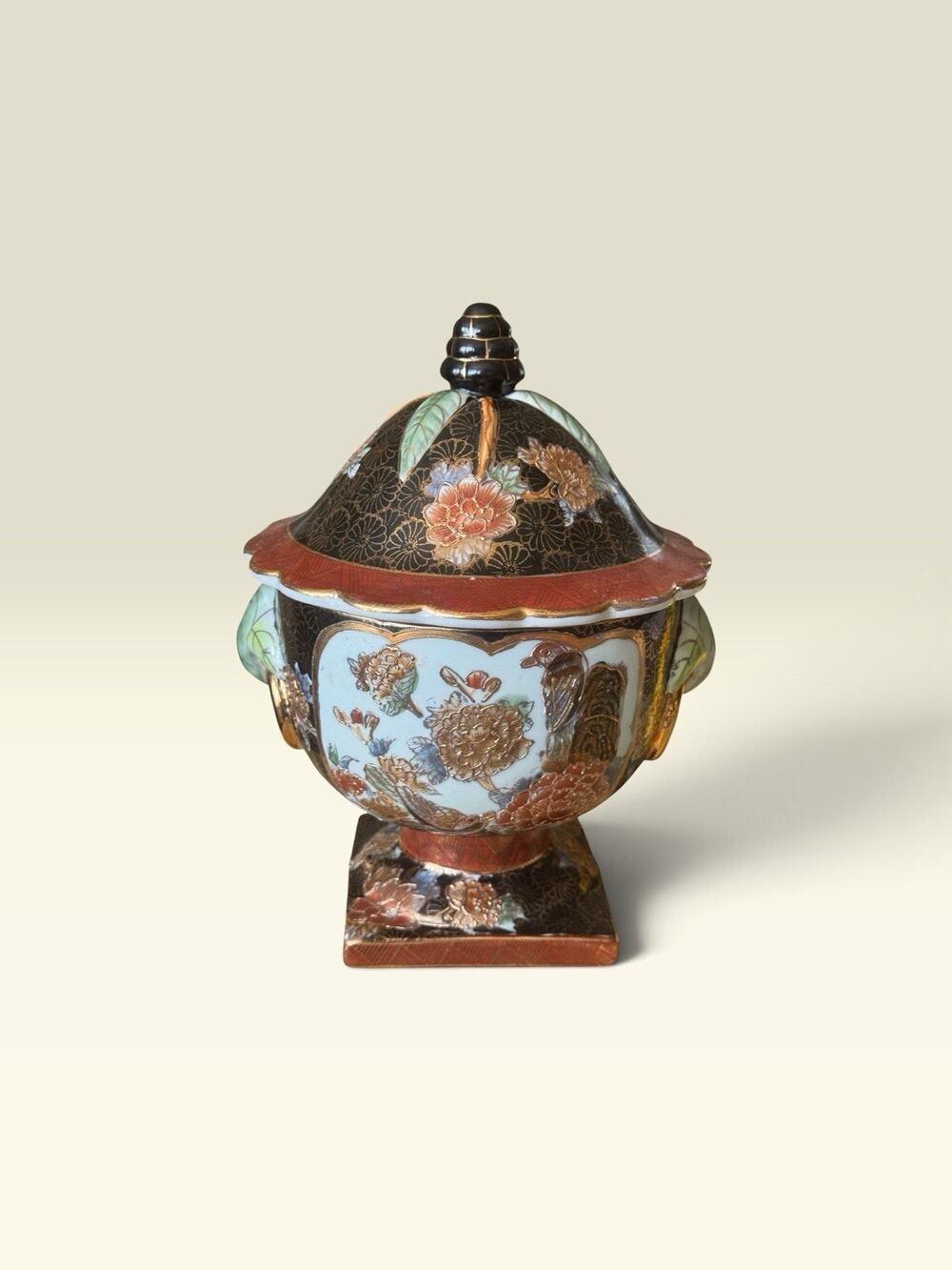 Vintage Japanese Satsuma Style Covered Urn Temple Jar Hand Painted Moriage 11”